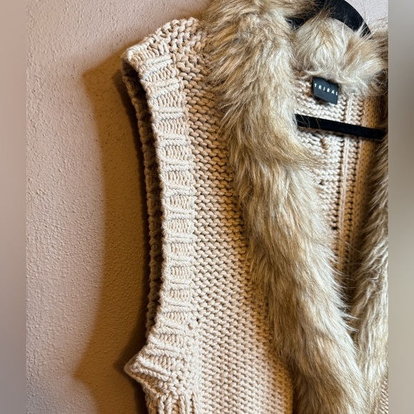 Tribal Faux Fur Trim Chunky Knit Cotton Blend Sweater Vest Jacket Womens XL - Picture 5 of 14